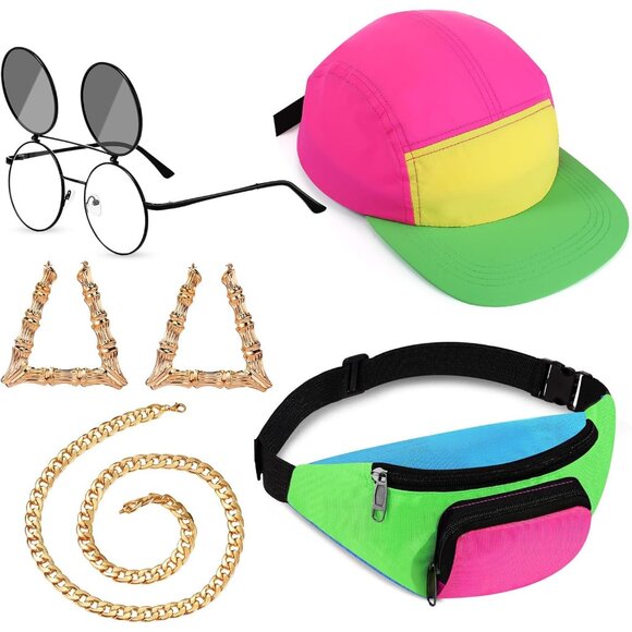 Accessories - 80s 90s Accessories Set Neon Fanny Pack Hat Sunglasses Gold Chain Earrings Youth